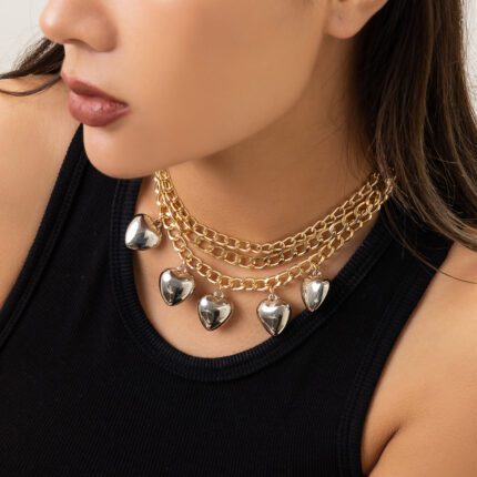 Vintage Multilayer Big Peach Heart Pendant Necklace for Women Punk Gold Color Miami Cuban Link Chain Choker Necklace