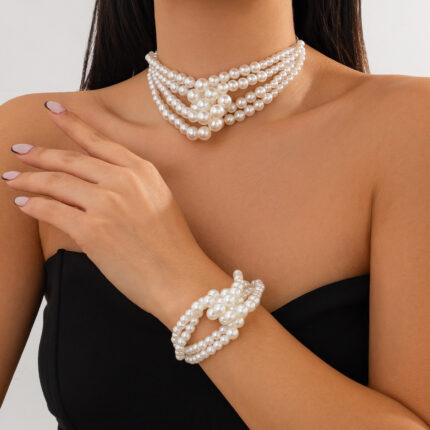 Fashion Patchwork Knotted Multi-layer Pearl Necklace French Light Luxury Bead Choker Necklace
