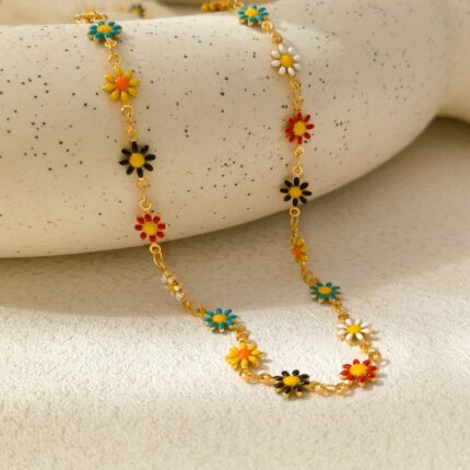 New Copper Gold-plated Delicate Daisy Flower Bracelet Necklace Ins Style Enamel Colorful Flower Necklace Bracelet