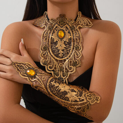 New Literary Retro Lace Necklace Irregular Inlaid Gemstone Collarbone Chain Set Artistic Retro Gold Lace Necklace Set