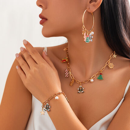 Christmas Fashion Bells Christmas Tree Necklace Bracelet Earings  Light Luxury Style Metallic Chain Set