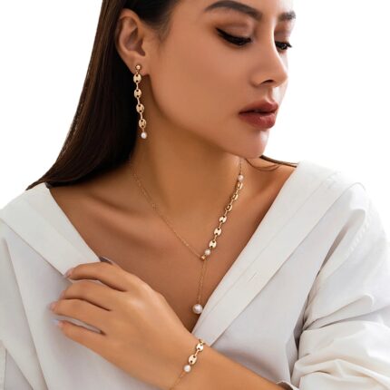 Link Chain Pearl Pendant Necklace Earrings Bracelet Set Daisy Pearl Necklace Set Women Exquisite Party Jewelry Wedding Set Gift