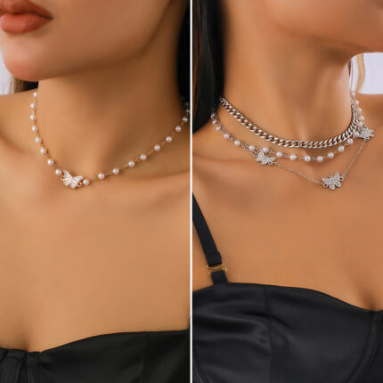 Ethnic Style Temperament Micro-Inlaid Butterfly Twin Simple Pearl Necklace Clavicle Chain Necklaces for Girls Cute butterfly