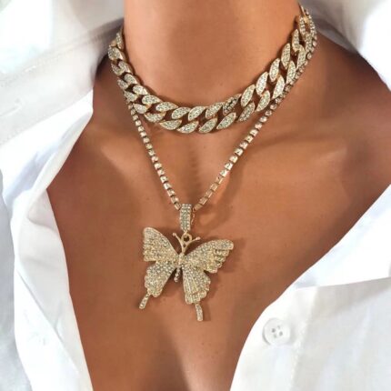 Gold Plated Multicolor Butterfly Cuban Necklace Layered Butterfly Necklace