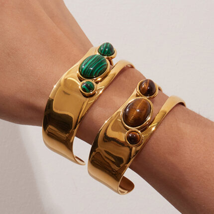 Fashion Natural Stone Hollow Stainless Steel 18K Gold Open Bracelet Does Not Lose Color Jewelry