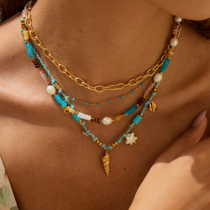 Bohemian Natural Stone Beaded Titanium Steel 18K Gold Necklace Premium Feeling Stainless Steel Choke Chain