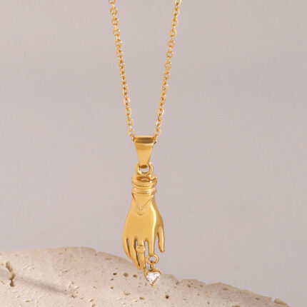 Vintage Handmade 18K Gold Plated Stainless Steel Zircon Hand Pendant Women's Necklace