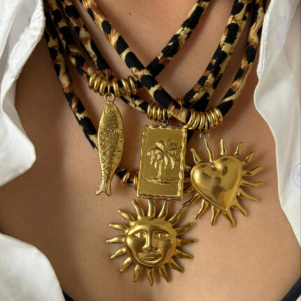 Fashion Stainless Steel Pendant Necklace Leopard Velvet Rope Women's Design Necklace