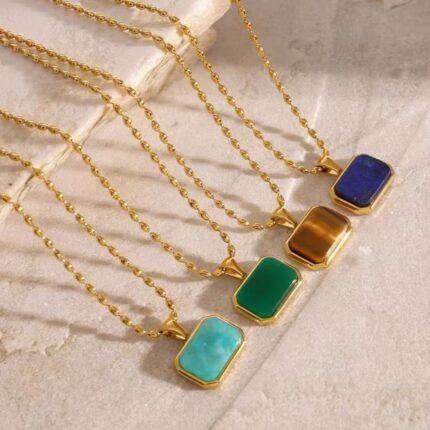 Fashion Light Luxury Stainless Steel Natural Stone Necklace18K Gold Plated Jewelry Bead Chain square Stone Pendant Necklace