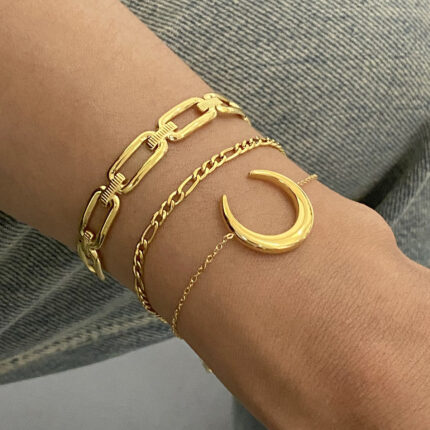 Light Luxury Premium Feeling Stainless Steel Bracelet Fashion 18K Gold Plated Moon Bracelet Jewelry Set