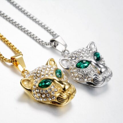 Hip Hop Fashion Personalized Green Eye Drilling Leopard Head Titanium Steel Necklace Charms for Men and Women