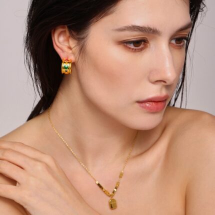 Fashion C-shaped Heart Wide Face Earrings Ins Style New square Engraved Pendant Necklace Titanium Steel Combination Set
