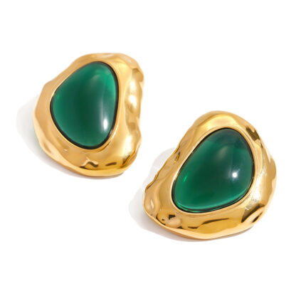 Vintage 18k Gold Plated Oversized Geometric Stud Earrings Stainless Steel Green Gemstone Stud Earrings Jewelry