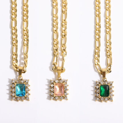 INS New French Vintage Zircon Necklace Figaro Chain Stainless Steel Plated 18K Gold Pendant Necklace