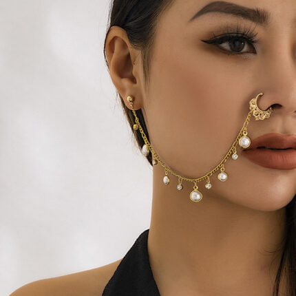New Ethnic Style Star and Moon Tassel Pierced Nose Pillar Nose Jewelry Retro Star Pearl Earrings Nose Ring