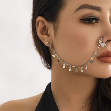Ethnic Star Moon Nose Stud Punch-Free Tassel Nose Studs Sweet Cool Ear Studs Piercing Nose Ring
