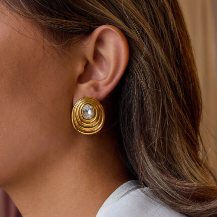 Vintage 18K Gold Stainless Steel Round White Zirconia Ribbed Round Earrings