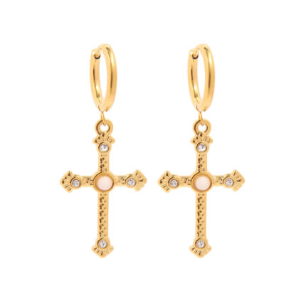 18K Gold Plated Stainless Steel White Jade Inlaid White Diamond Cross Pendant Earrings New Girl Earrings