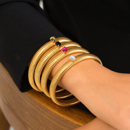 New Design Hip Hop Punk Jewelry 18K Gold Plated Crystal Zircon Bangle Metal  Bracelets for Women