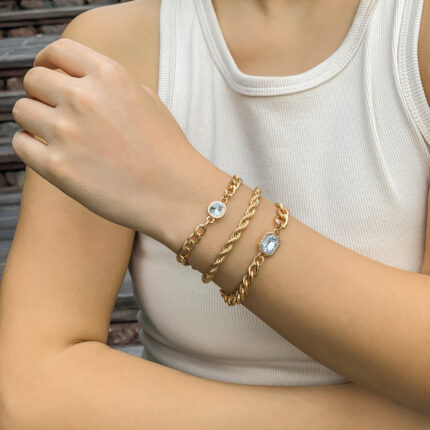 Fashion Overlay Simple Sweet Cool Double Twist Bracelet Metal Rhinestone Bracelets