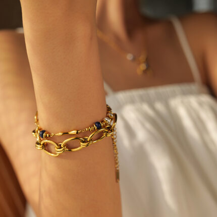 New INS Style 18k Gold Stainless Steel Inlaid Pearl with Lapis Lazuli Water Drop Bracelet Bracelet
