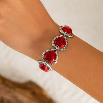 Vintage Silver Color Heart/Oval Natural Stone Beads Bracelet New for Women Bangle Jewelry Trendy Unisex Accessories Gift