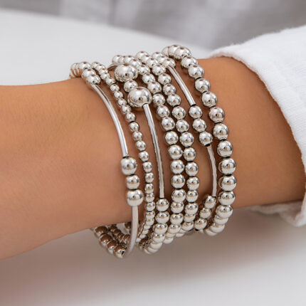 Custom Unique Silver Color Round CCB Ball Chain Bracelet for Women Vintage Elastic Strand Beads Bangles Hand Jewelry