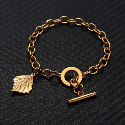 Women Simple Stainless Steel Bracelet Leaf Dangle Dainty  Charm OT Toggle Bracelets Minimalist Jewelry