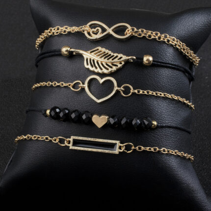 Fashion Gold Wholesale 5 PCs Thin Gold Necklace Hollow Heart Feather Bracelet Beads Bracelet