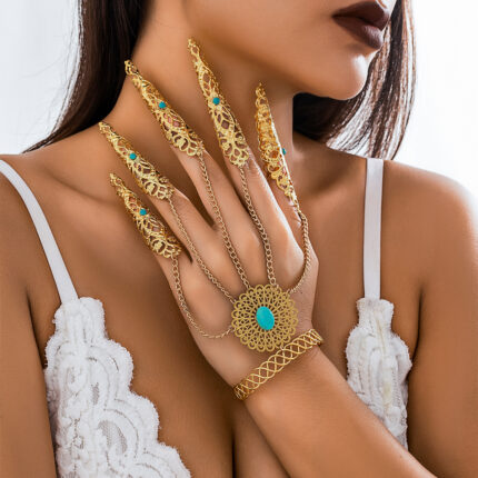 NewExaggerated Hollow Out Carved Gold Color Long Chain Connecting Finger Bracelet Women Retro Blue Stone Hand Jewelry