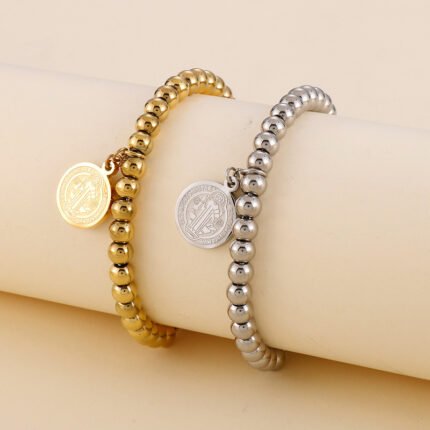 Simple 18K Real Gold-Plated Stainless Steel Beaded Round Coin Bracelet Adjustable Titanium Steel Women's Bracelet
