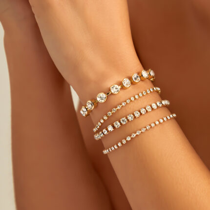 Luxury Shiny Rhinestone Tennis Chain Bracelets Set for Women Adjustable Clear Crystal Link Bangles Couple Hand Jewelry