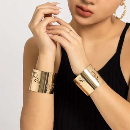 Fashion Trendy Punk 18K Gold Plated Wide Bangle for Women butterfly Big Wide Thick Bangle Bracelets