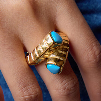 Vintage 18K Gold Titanium Blue Turquoise Ring Premium Feeling No Color Loss Jewelry