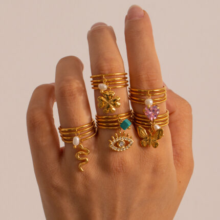 New Ring Butterfly Eye Snake Diamond Clover Charm Ring 18K Gold Plated Stainless Steel Adjustable Ring Jewelry