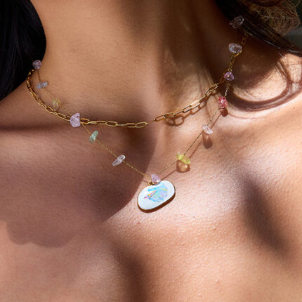 Designer 18K Gold Stainless Steel Oval Oil Drop Printed Colorful Natural Stone Double Layers Necklace