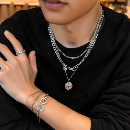 Personalized Compass Pendant OT Buckle Men's Necklace Ring Bracelet Three-piece Punk Style Retro Fashion