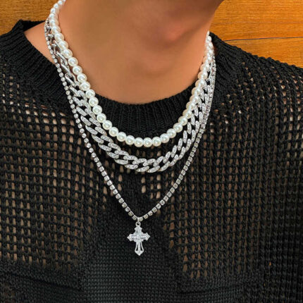 Hot Sale Cuban Chain Pearl Cross Pendant Necklace Multi-layer 3 Piece Silver Men's Necklace Jewelry Fashion Choker