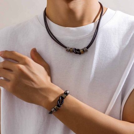 New Punk Cylinder Beads Men's Charm Necklace PU Leather Strap with Necklace Hip Hop Jewelry