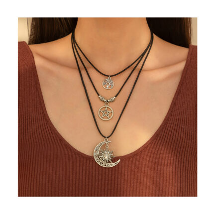 Vintage Hollow Sun and Moon Alloy Pendant Necklace with Ethnic Style Sun Moon Star Necklace