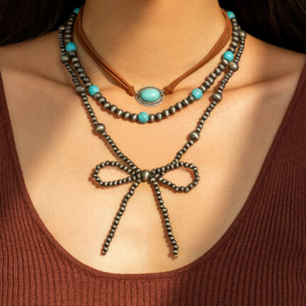 Vintage Multi-Layer CCB Beads Bow Faux Turquoise Women's Knot Rope Necklace Fashion Jewelry