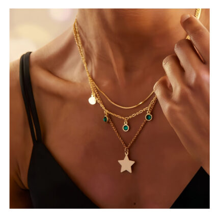 Fashion 18K Gold Stacked Stainless Steel Delicate Crystal Necklace Waterproof Green Zirconia Necklace