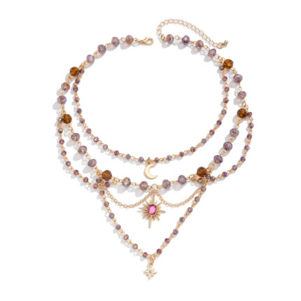 Sweet Wind Moon Tassel Pendant Necklace Fashion Crystal Beads Multi-layer Collarbone Chain