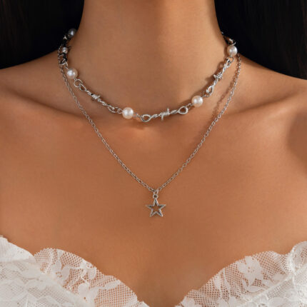 Ins Style Pentagram Alloy Pendant Collarbone Chain Fashion Pearl Multi-layer Necklace New Star of David Necklace
