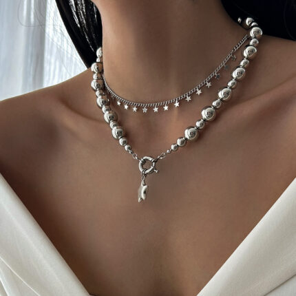 New Simple Pentagram Alloy Pendant Necklace Fashion CCB Beaded Necklace
