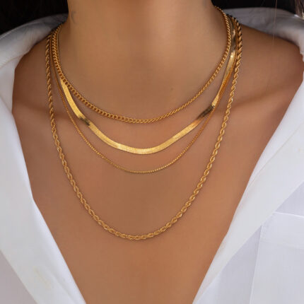 Personalized Irregular Metallic Flat Snake Chain Layers Necklace Set