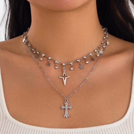 Punk Style Cross Rhinestone Star Leaf Pendant Necklace Personalized Multi-Layered Thin Chain Chain Bone Chain Female