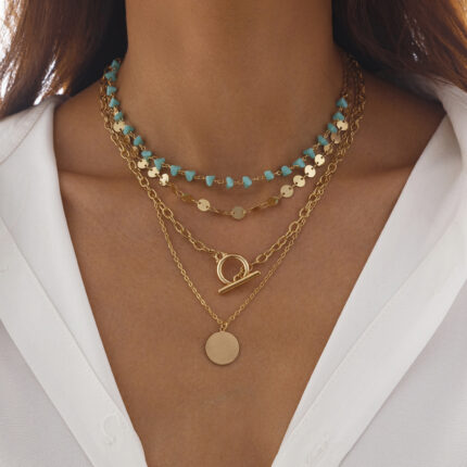 New Vintage Sequins Turquoise Beaded Chain Necklace Punk Multi-Layer Crystal Flower Sequins Choker