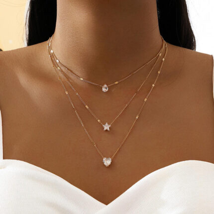 Simple Geometric Zircon Pendant Necklace Double Metal Thin Chain Female Necklace Party Girl