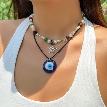 Evil Eye Pearl Necklace Pearl Bead Wax Line Pendant Necklace Blue Devil Eye Necklace Pearl Bead Wax Line Pendant Ne